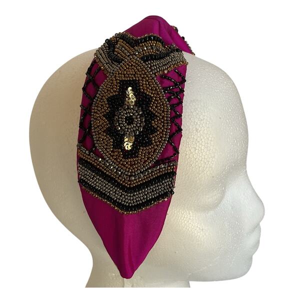 Hand Beaded Mexican Headband – Fuchsia Padded Turban Style Embroidered Boho - Picture 1 of 11